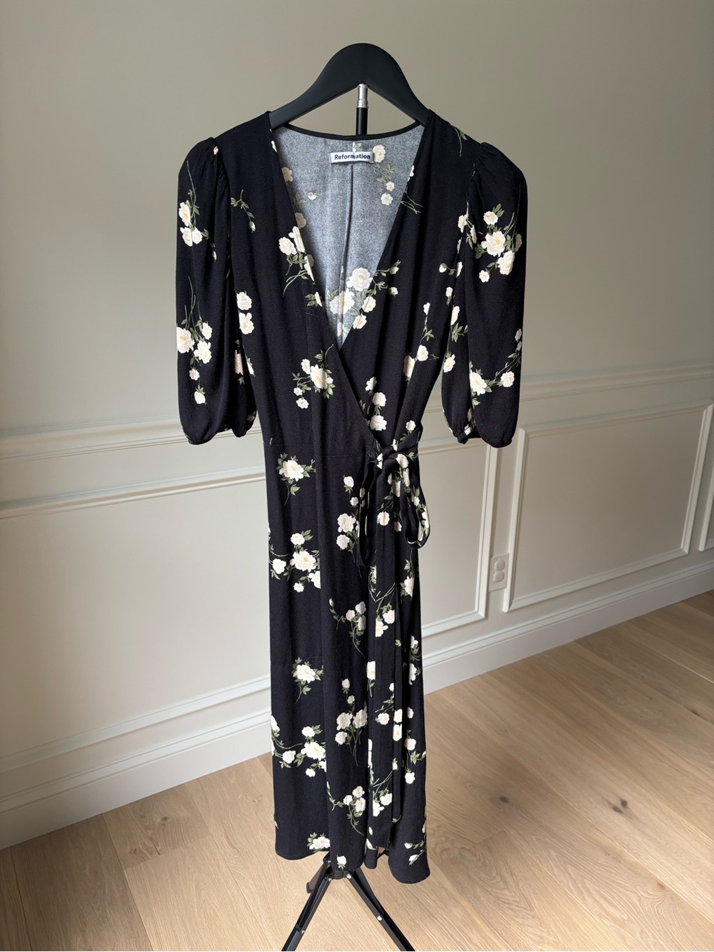 Reformation Black Dress with Cream Floral Print